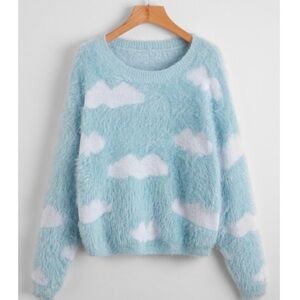 Light Blue White Fuzzy Cloud Pullover Sweater Small